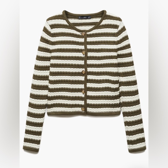 Mango Sweaters - MANGO Stripe Cardigan with Jeweled Buttons Khaki L Large